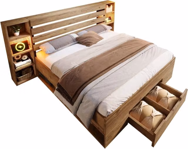 Letto contenitore matrimoniale 160×200 cm con LED, USB e Type-C, ripiani e cassetti, materasso incluso, rovere
