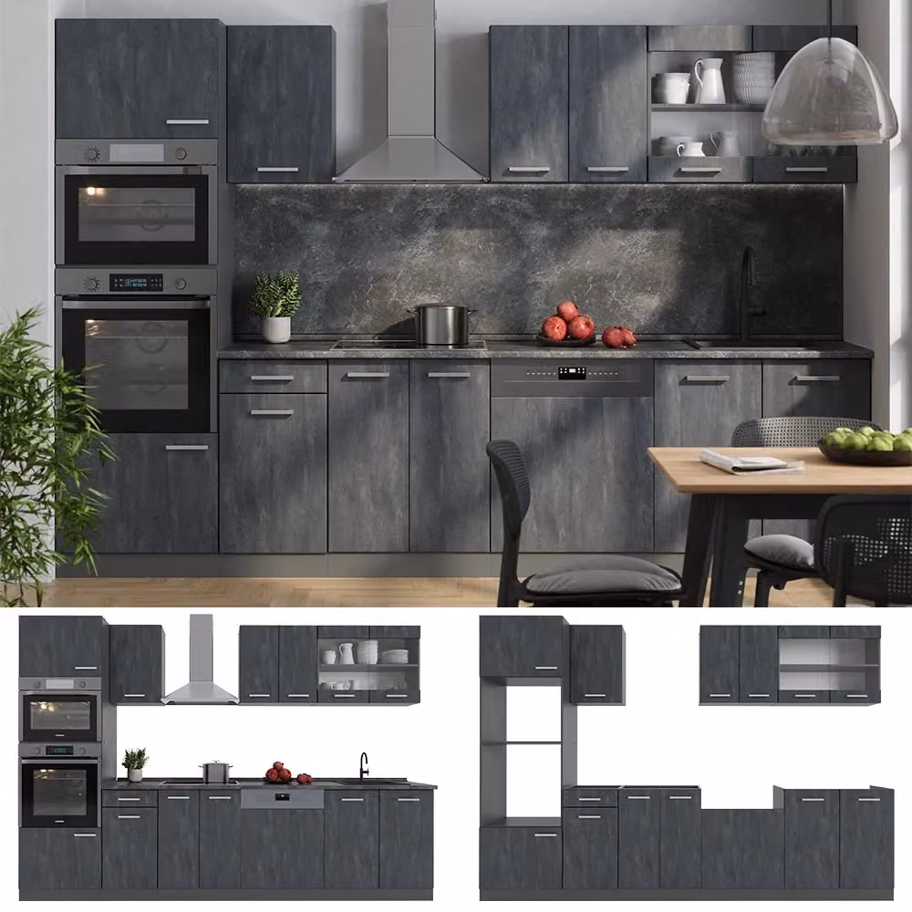 Cucina componibile moderna Vicco R-Line in finitura opaca nera e antracite, L: 300 cm, senza piano di lavoro – 2