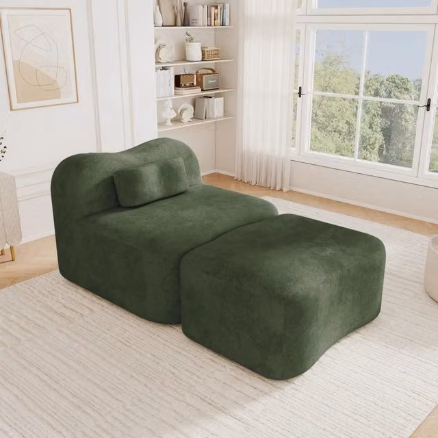 Divano modulare 96x167x70 cm con pouf collegabile senza struttura interna in velluto verde