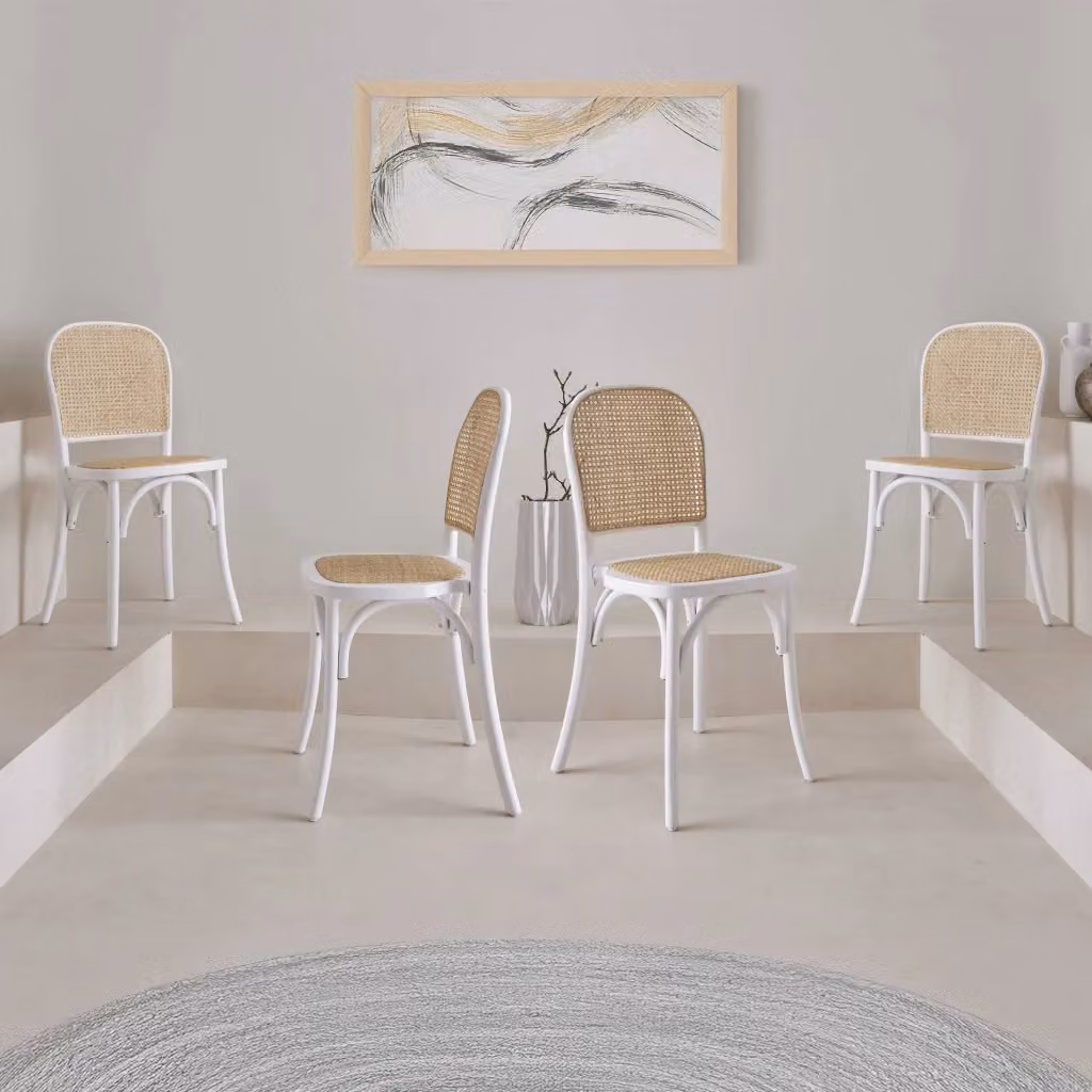 Set di 4 sedie impilabili Sweeek in legno e rattan bianco stile vintage per cucina – 2