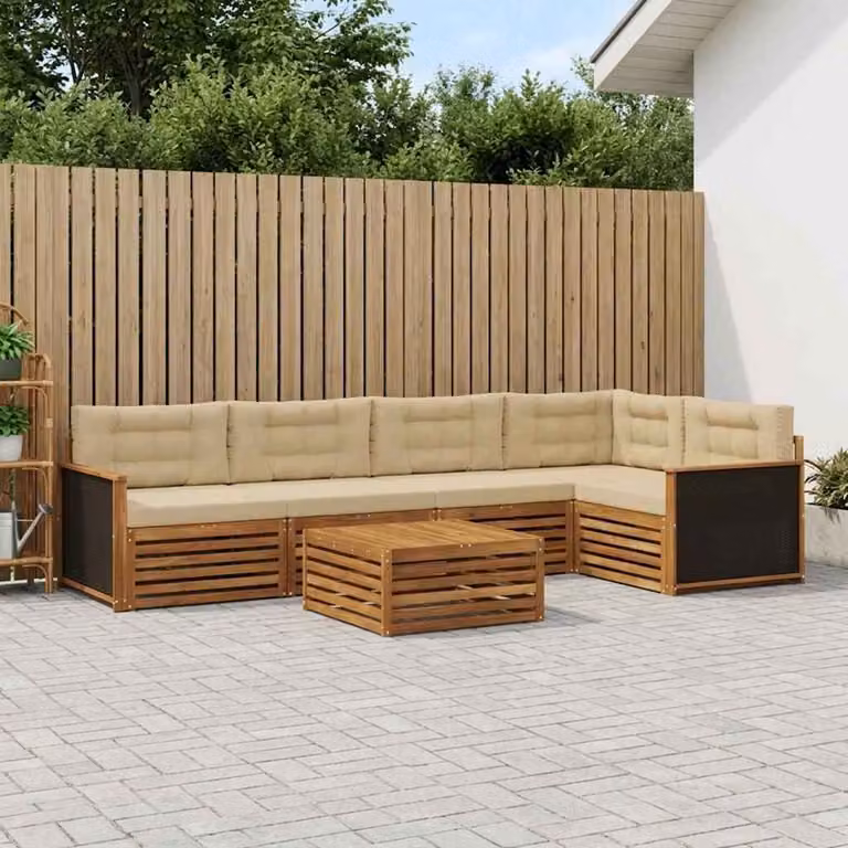 Set di divani da esterno vidaXL 6 pezzi in legno di acacia con tavolo da caffè e cuscini, colore beige e sabbia