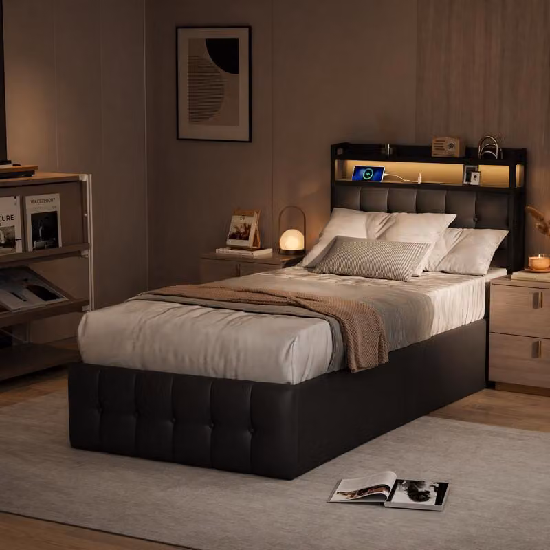 Letto imbottito UnboxG, dimensioni 90x200 cm, nero, rivestito in ecopelle, con testiera LED, porta USB e presa di corrente, letto singolo con contenitore a sollevamento idraulico e rete a doghe