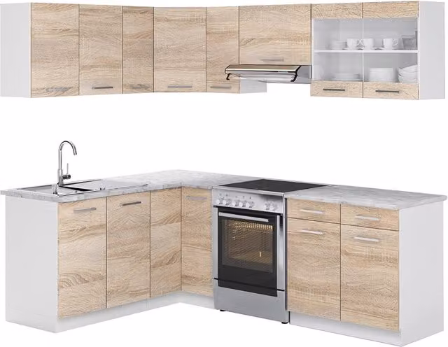 Cucina ad angolo R-Line Sonoma/Bianco 227 x 167 cm, PL Marmo Vicco