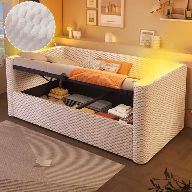 Letto imbottito, divano letto 90 x 200 cm con LED e contenitore idraulico, rete a doghe (senza materasso), velluto - Beige
