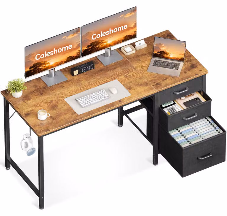 Scrivania con 3 cassetti rivestiti in tessuto, dimensioni 120x48 cm, dotata di supporto per cuffie, ideale per ottimizzare lo spazio nel vostro ufficio domestico