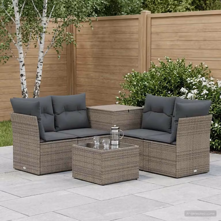Set di divani da giardino vidaXL in polyrattan con tavolino e cuscini, colore grigio e antracite