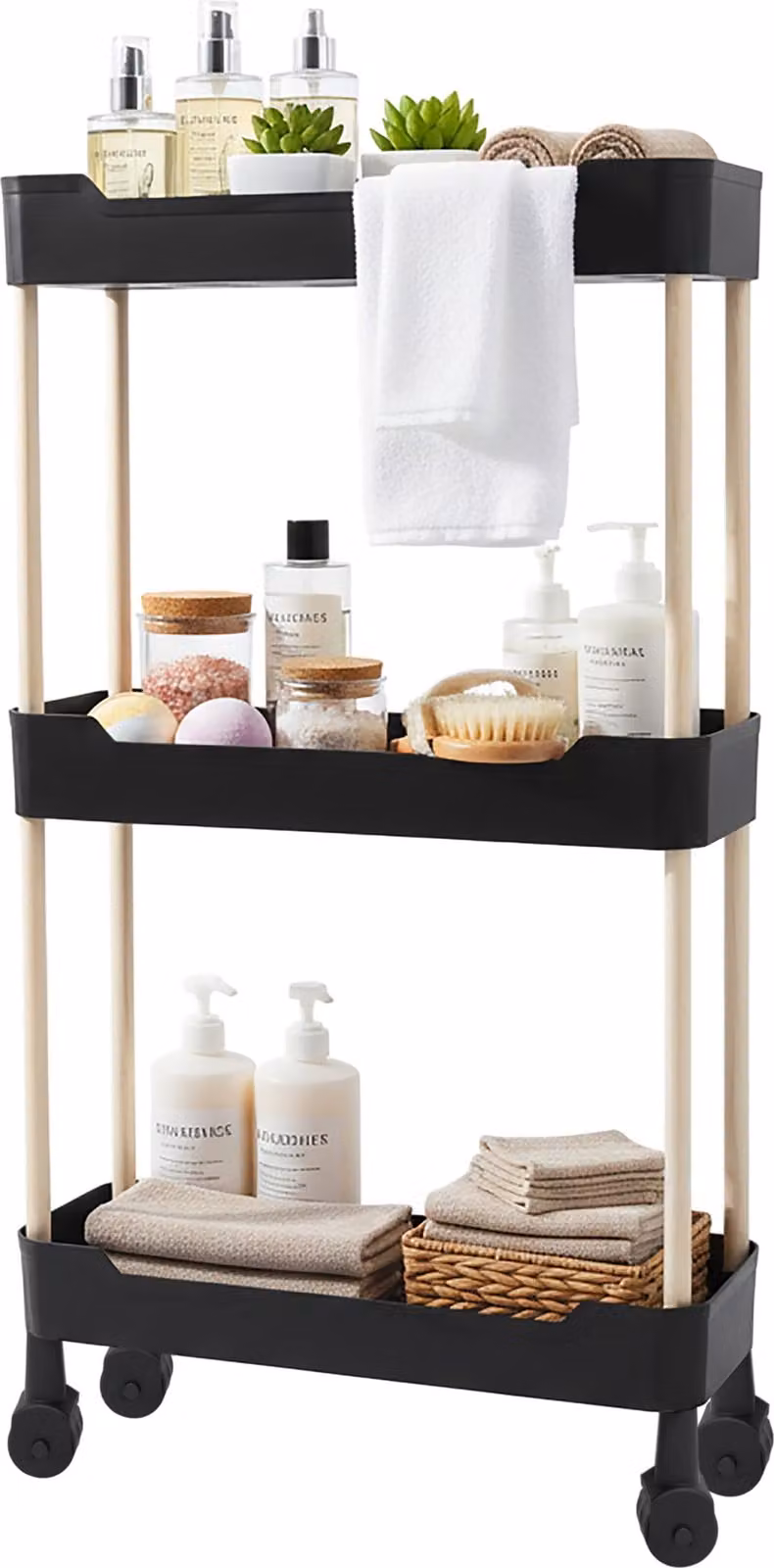 Carrello in plastica a 3 ripiani 70 x 40 cm - nero - Scaffale da cucina con struttura in legno su 4 ruote - Scaffale da nicchia Carrello multiuso