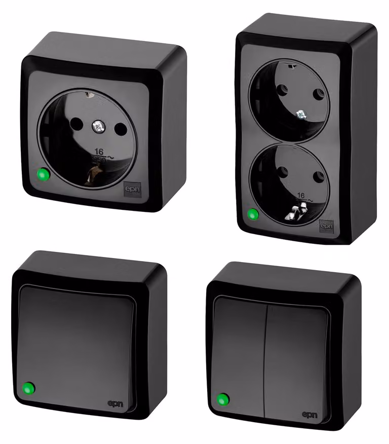 Interruttori e prese a parete, colore nero, da 1 e 2 moduli