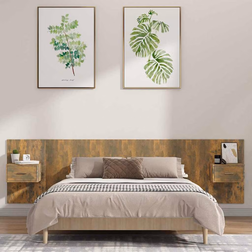 vidaXL Testiera Letto con Comodini Integrati in Legno Multistrato Rovere Fumo Marrone – 1