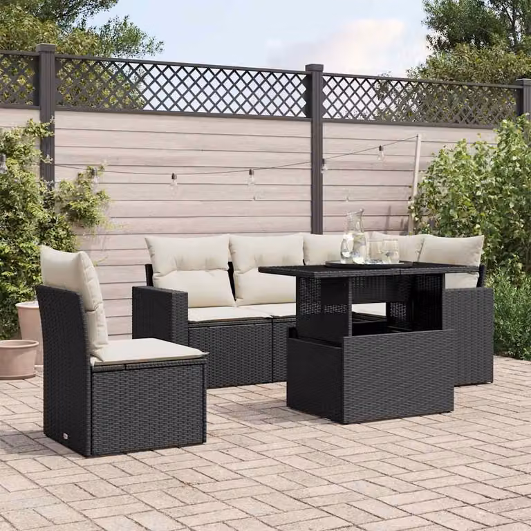 vidaXL Set Divano da Giardino a L in Polyrattan Nero con 6 Cuscini e Tavolino da Esterno