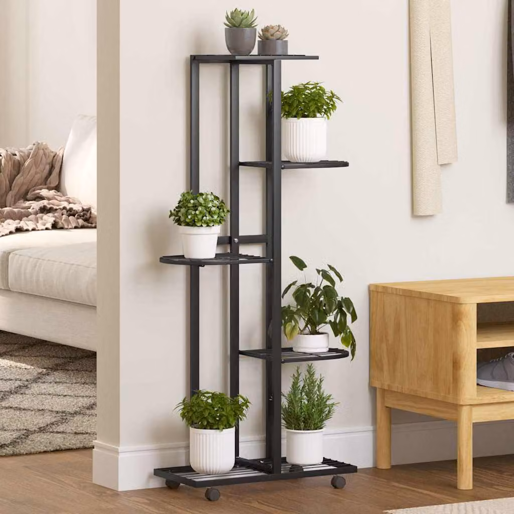 vidaXL Fioriera a 5 Piani con Ruote in Metallo Nero L: 44 cm, P: 23 cm, H: 100 cm