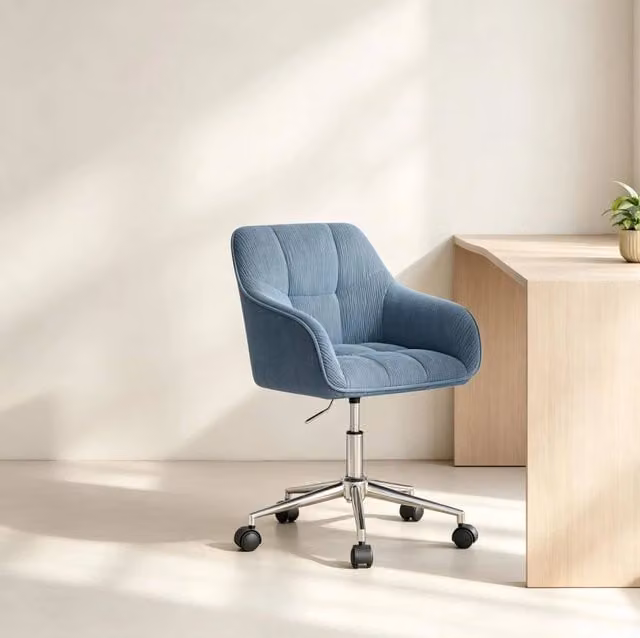 Sedia da ufficio girevole in velluto blu con schienale ergonomico e altezza regolabile