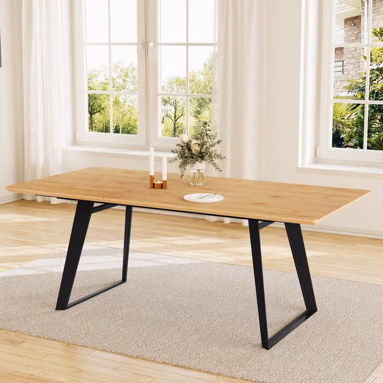 Tavolo da pranzo allungabile, dimensioni 130-170 cm, con 4-6 sedie, finitura effetto legno MDF, struttura in metallo nero