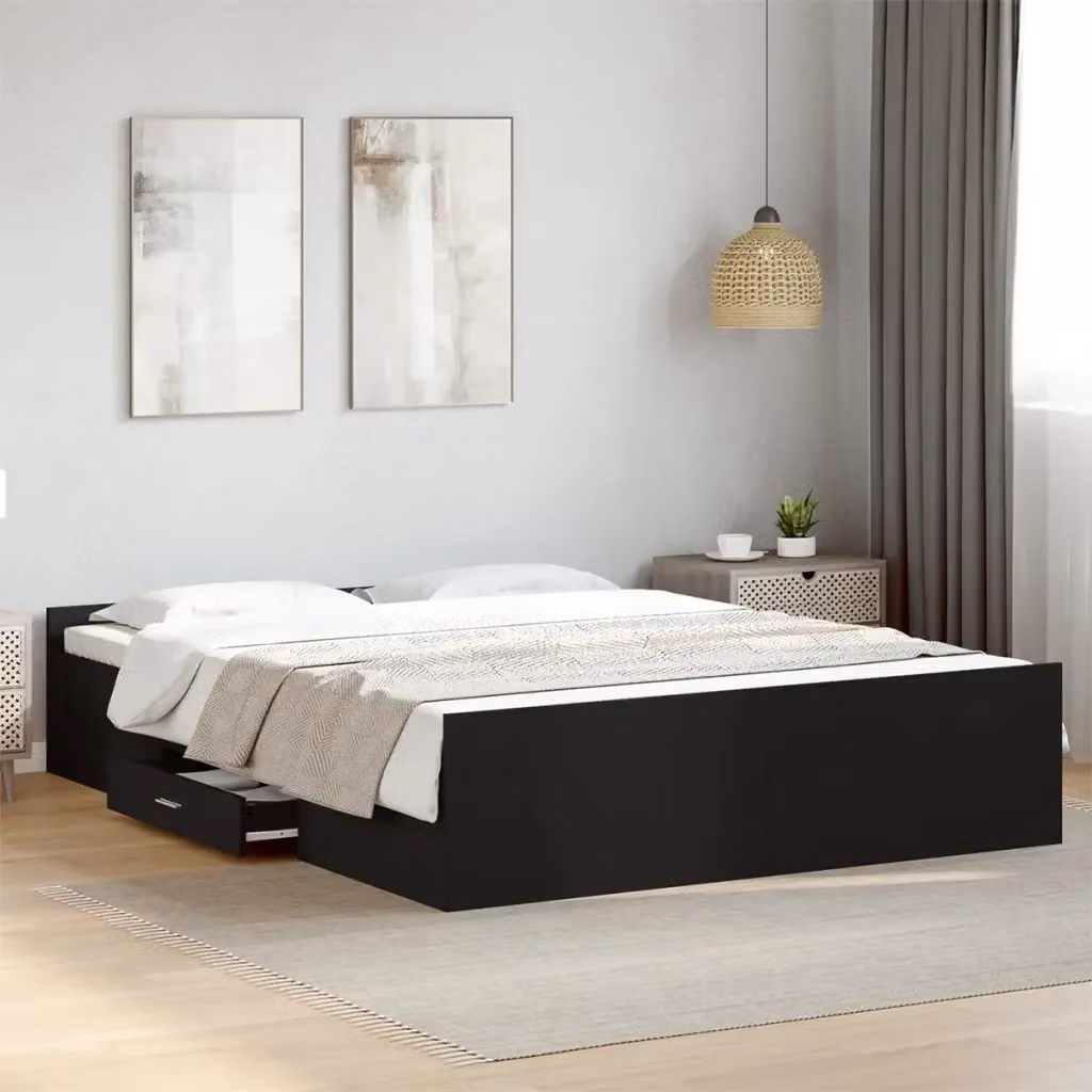 Letto matrimoniale moderno DESIGN IN con cassetti in legno multistrato nero L/P/H: 150 x 200 x 40 cm – 2