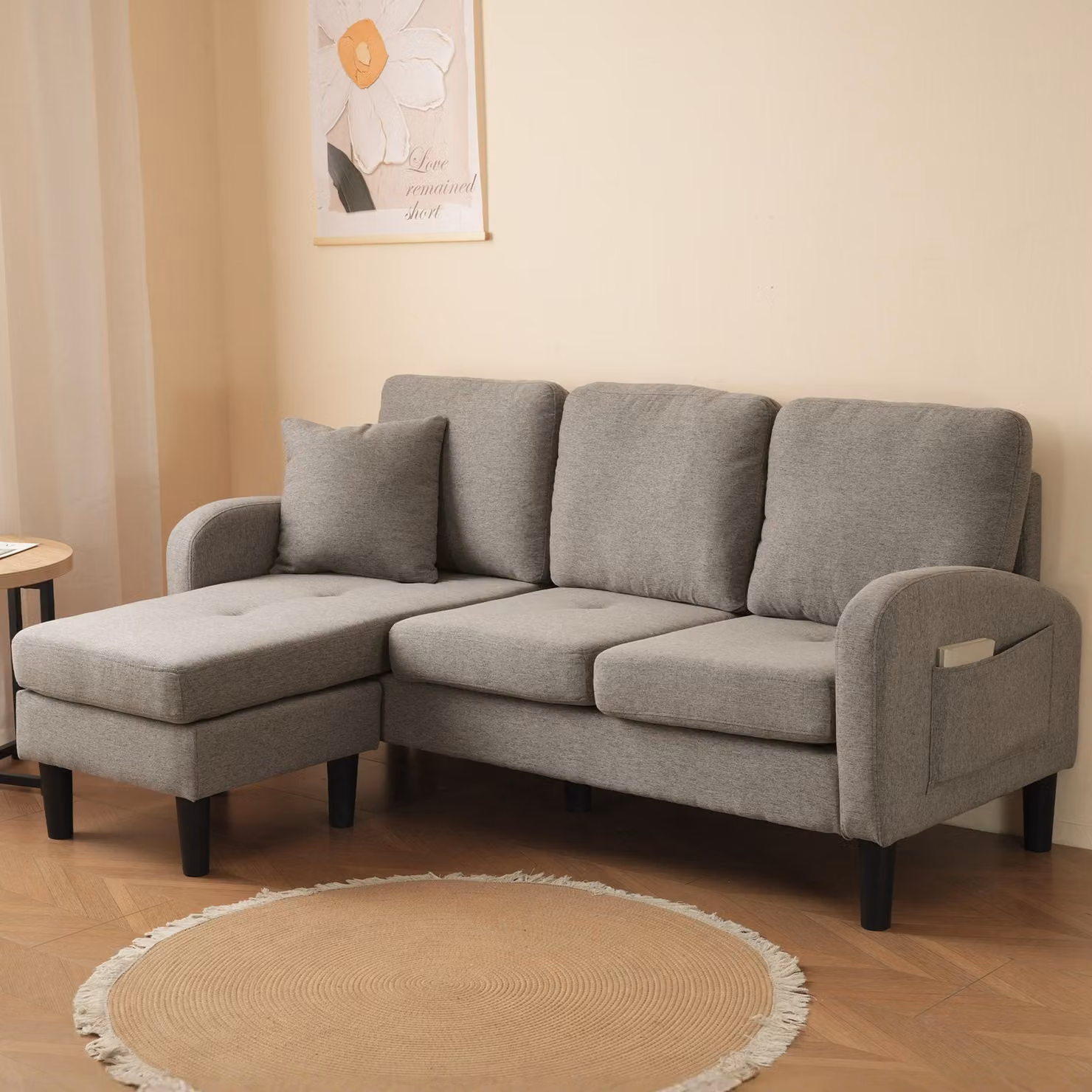 Merax divano angolare divano a L divano a 3 posti in tessuto di cotone e lino, imbottito divano modulare con chaise longue, 85x118x82cm, grigio