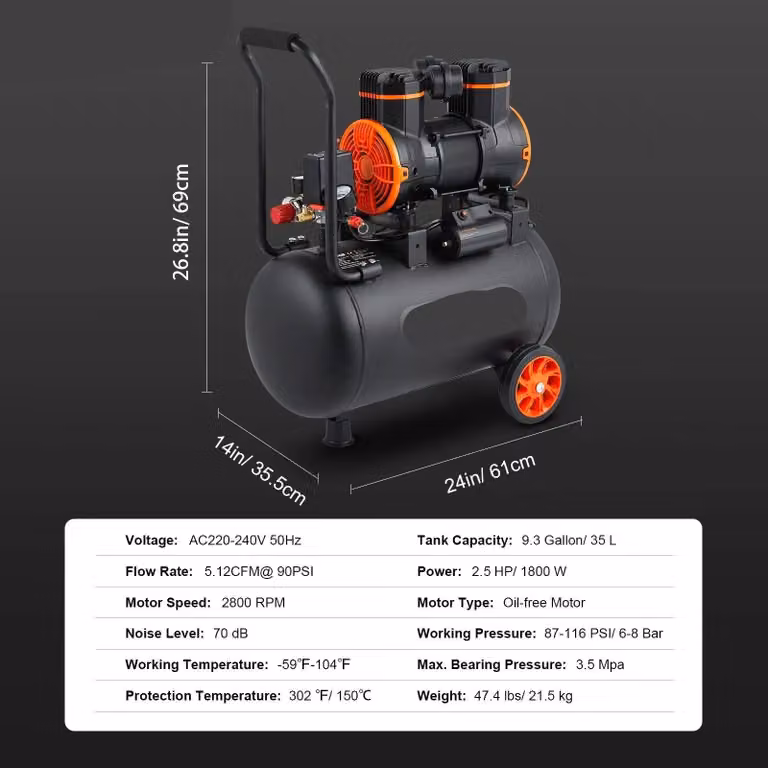 Compressore d'aria silenzioso e senza olio - Compressore d'aria - Compressore d'aria per gonfiaggio pneumatici - Bassa rumorosità (70 dB) - Capacità di 9,3 galloni