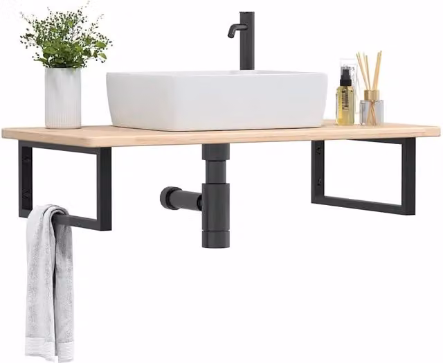 Ripiano a parete per lavabo vidaXL in acciaio nero e rovere naturale
