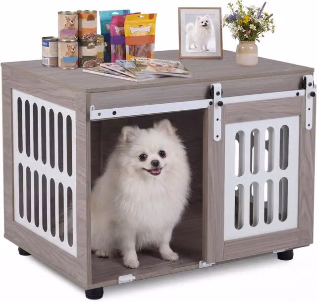Gabbia per cani in legno con finestre laterali in metallo e porta scorrevole, design minimalista per interno – 1