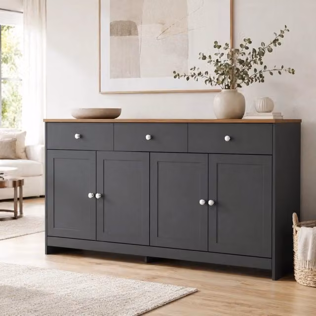 Sideboard rustico grigio scuro e legno con 4 ante e 3 cassetti, 160x75x37 cm, soggiorno e sala da pranzo