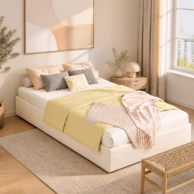 Letto singolo moderno con contenitore a sollevamento pneumatico e testiera imbottita beige L/P/H: 90 x 200 cm