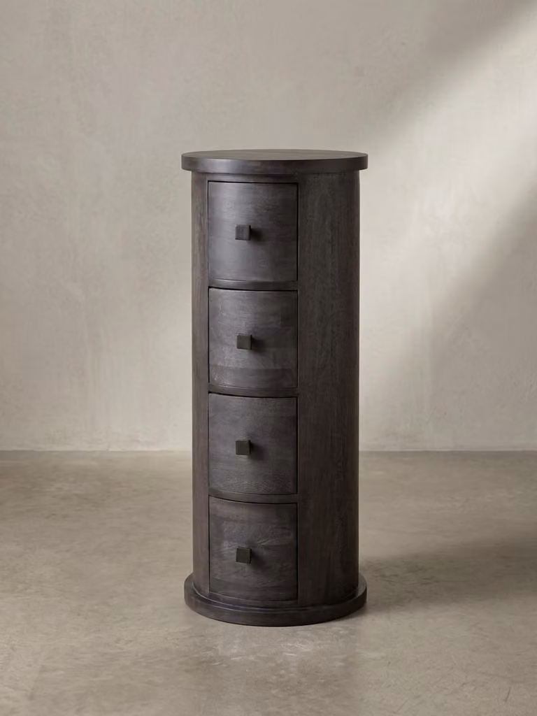 Credenza di design in legno massello di mango nero 34x85x34 cm, armadietto con 4 cassetti, mobile ausiliario stretto in legno massello, mini cassettiera rotonda