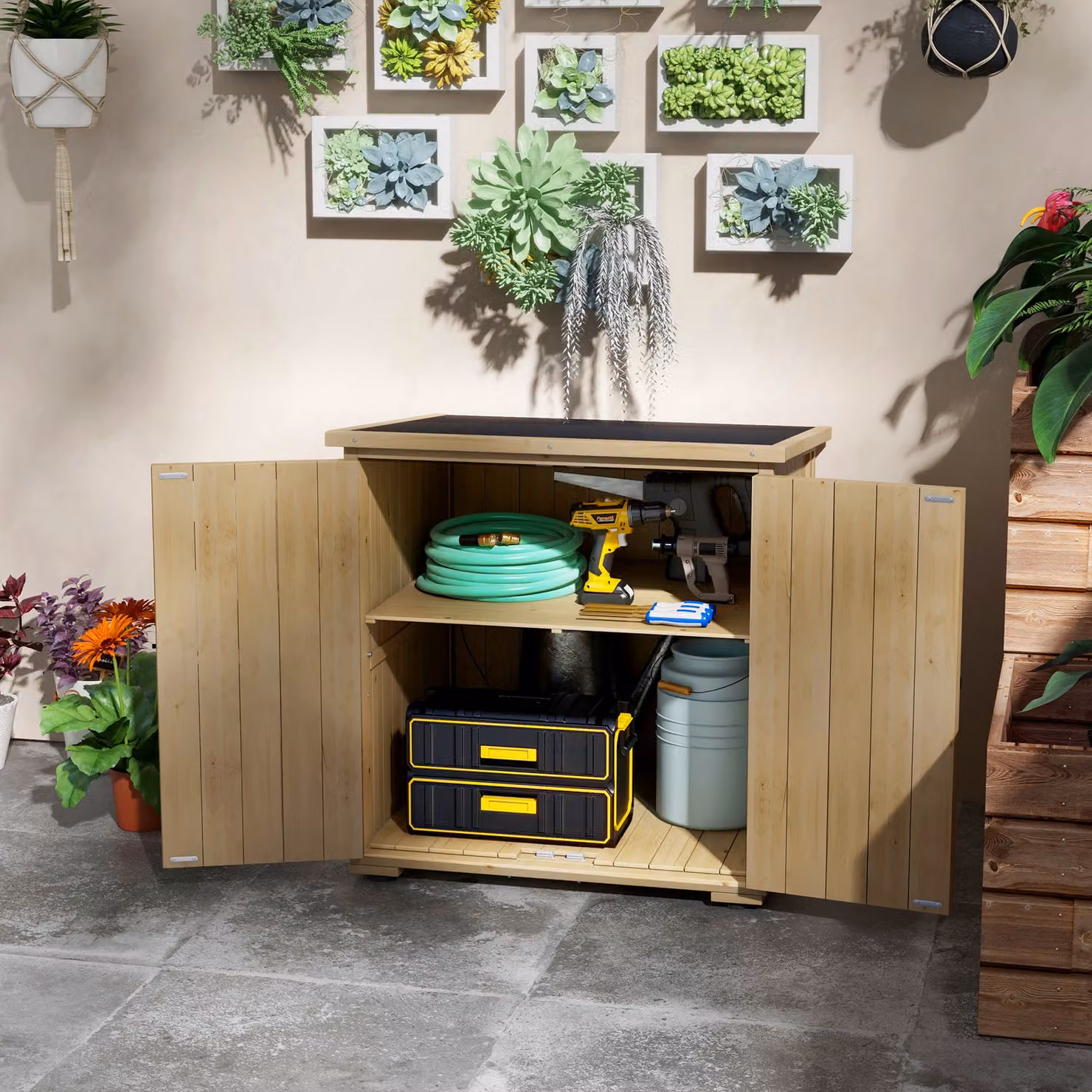 Armadio da esterno Outsunny in legno di abete marrone con ripiano regolabile e tetto inclinato L: 77.5 cm, P: 88 cm, H: 90 cm – 2