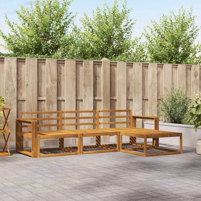 vidaXL Set di divani da esterno a L in legno di acacia massello marrone con cuscini e pouf, 4 pezzi