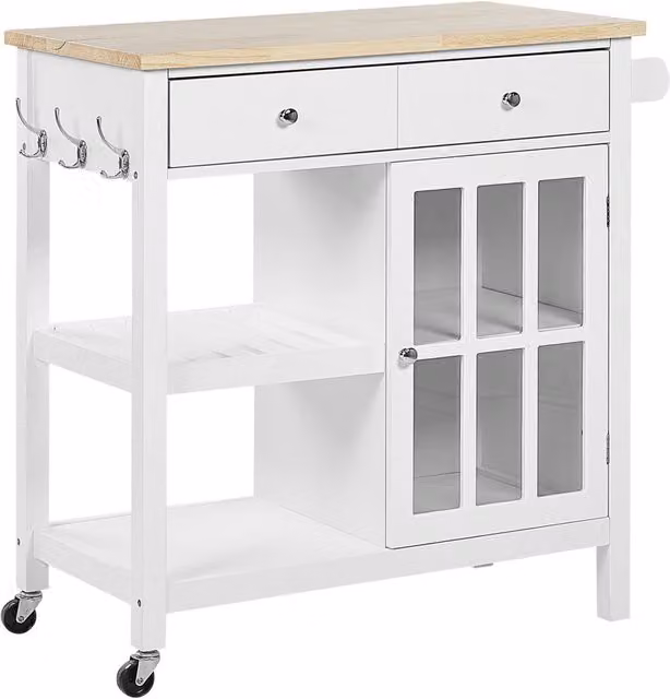 Carrello da cucina scandinavo BELIANI in MDF bianco con ripiano in legno di gomma e rotelle