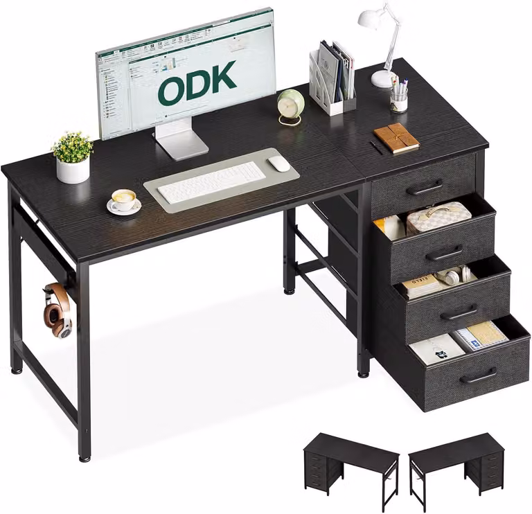 Scrivania con 4 cassetti, dimensioni 120 x 48 x 75,7 cm, in legno, con supporto per cuffie, ideale per l'ufficio domestico