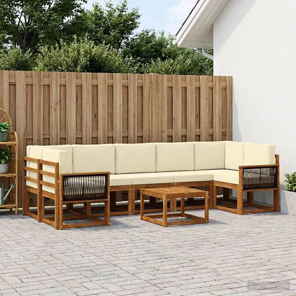 vidaXL Set di divani da esterno a L composto da 6 pezzi in legno di acacia con cuscini, Colore Naturale e Crema