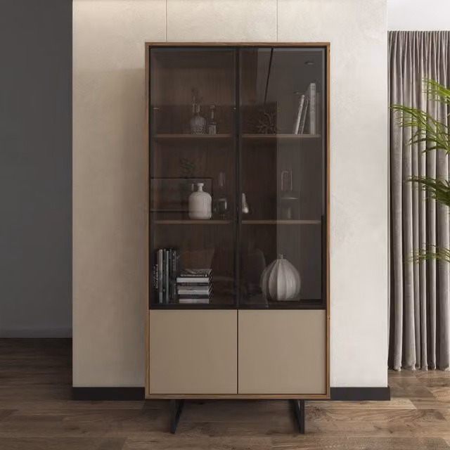 Mobile Espositore Agro DMORA con Ante in Vetro e 3 Ripiani, Colore Marrone Noce, L: 190 cm, P: 40 cm, H: 90 cm