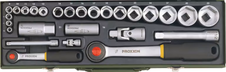 Proxxon Steckschlüsselsatz, Für PKW-Schrauben mit 1/4"-und 1/2"-Umschaltratsche