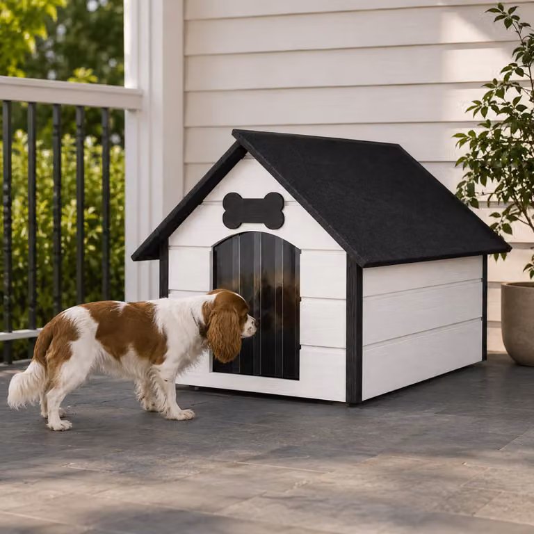 Cuccia per cani QLS, dimensioni L (81x68 cm), isolata, in legno, per uso esterno, colore bianco e nero, modello 9117