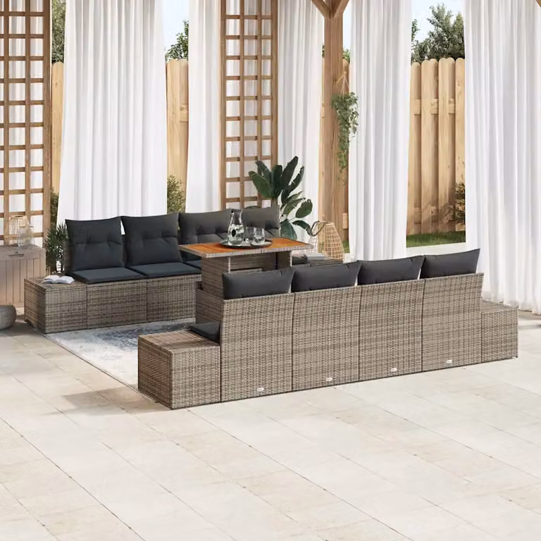 Set da pranzo da giardino vidaXL in legno di acacia con cuscini, 9 pezzi, Grigio e Marrone
