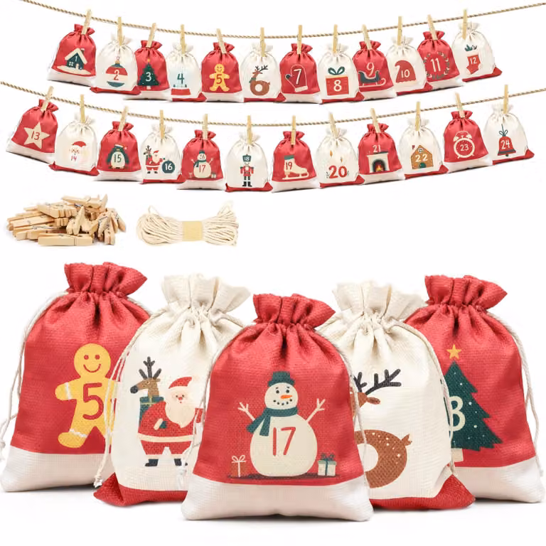 Calendario dell'Avvento da riempire, 24 pezzi, 18x13 cm, colore rosso/beige, in lino