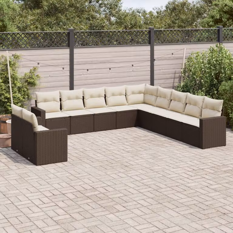 vidaXL Set Divani da Giardino 11 pz in Polyrattan Marrone e Bianco con Cuscini e Struttura in Metallo