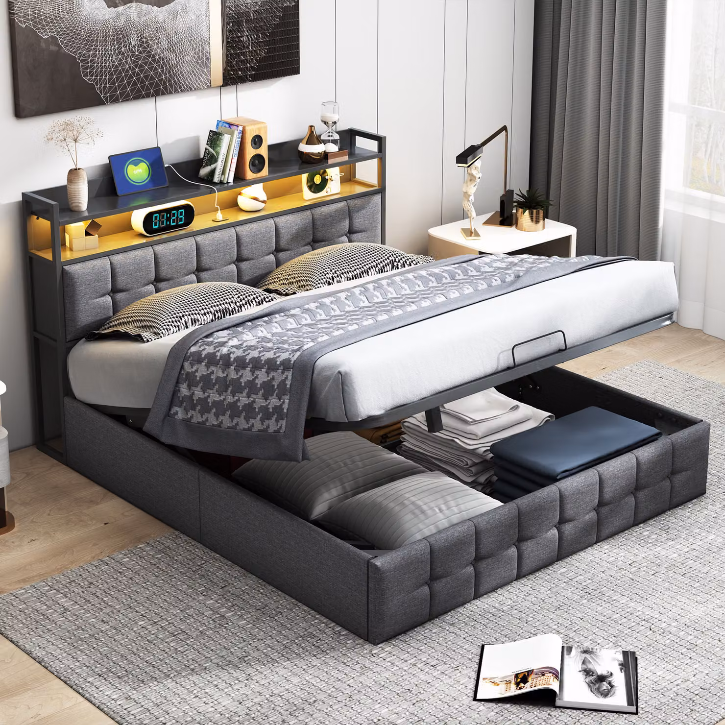 Letto imbottito ProximaX 160x200cm con USB e prese, letto per ragazzi letto matrimoniale con rete a doghe e contenitore, letto contenitore con LED, lino, grigio