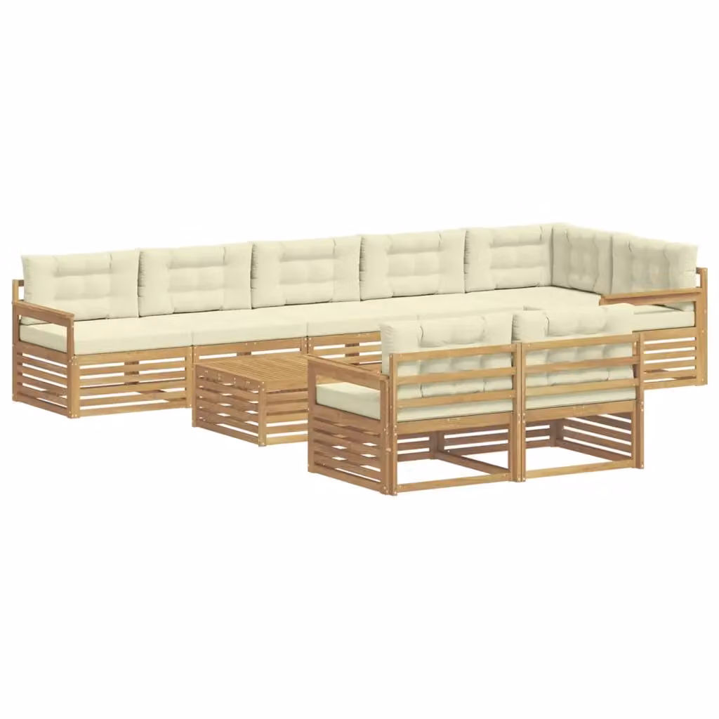 Set di divani da esterno vidaXL a forma di L con tavolo da caffè, in legno di acacia trattato e tessuto bianco e beige, 9 pezzi – 2