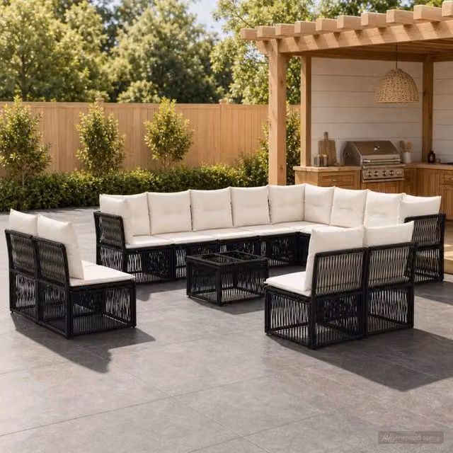 Set Divano da Giardino a L con Tavolino vidaXL, 13 Pezzi, Nero