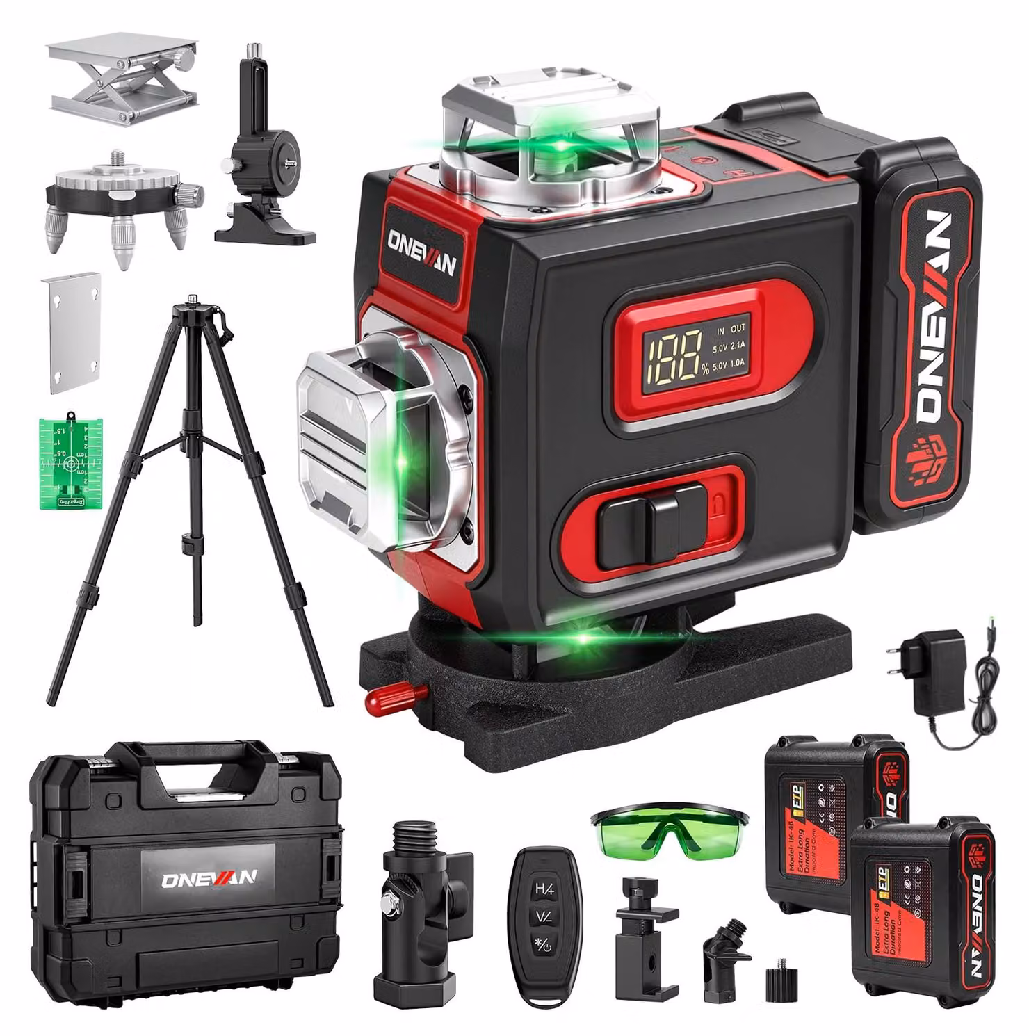 Livella laser a croce 360° 4D, laser verde, autonivelante, con treppiede e batterie, per interni ed esterni