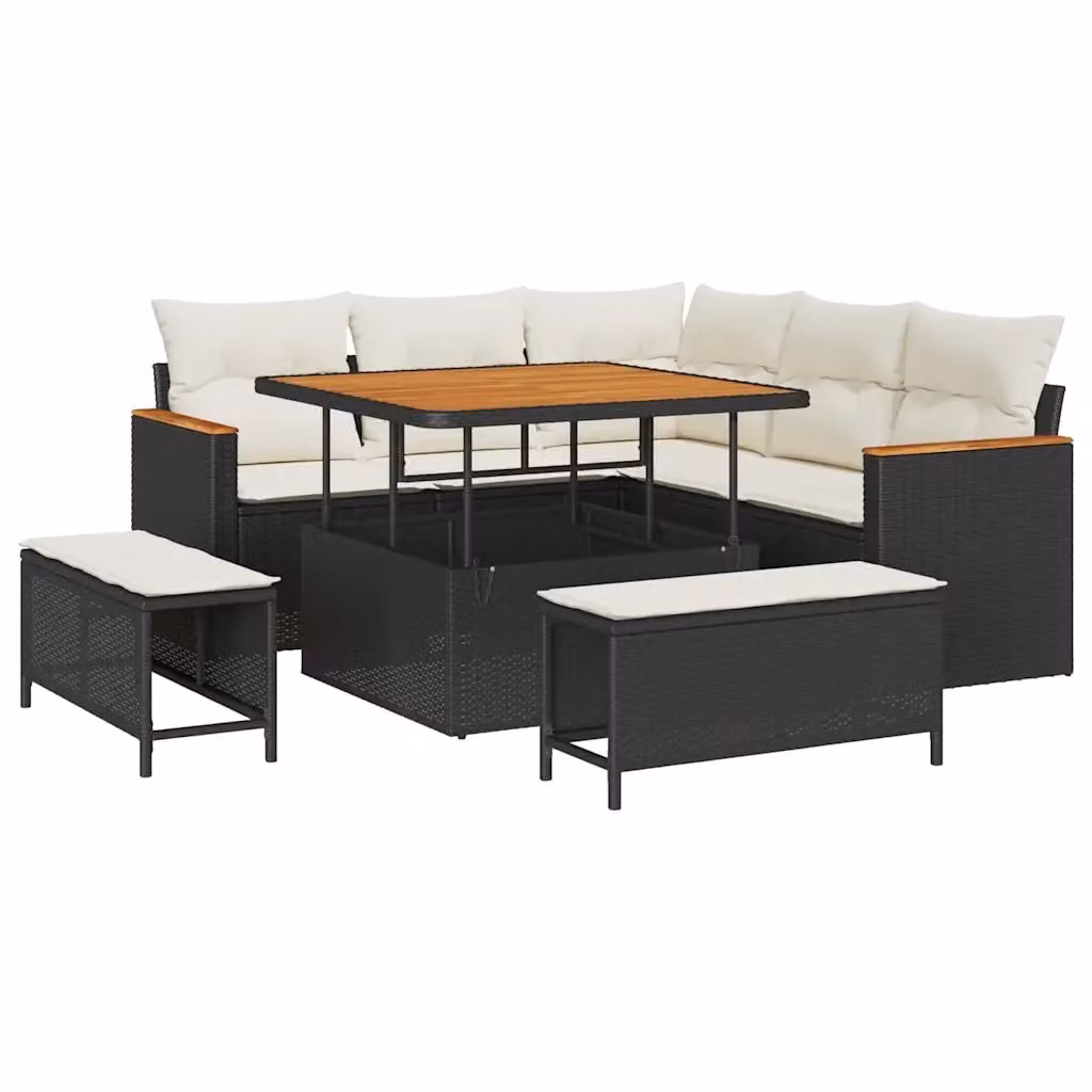 Set Divano da Giardino vidaXL 8 Pezzi in Polyrattan Nero con Cuscini Beige e Tavolino – 2