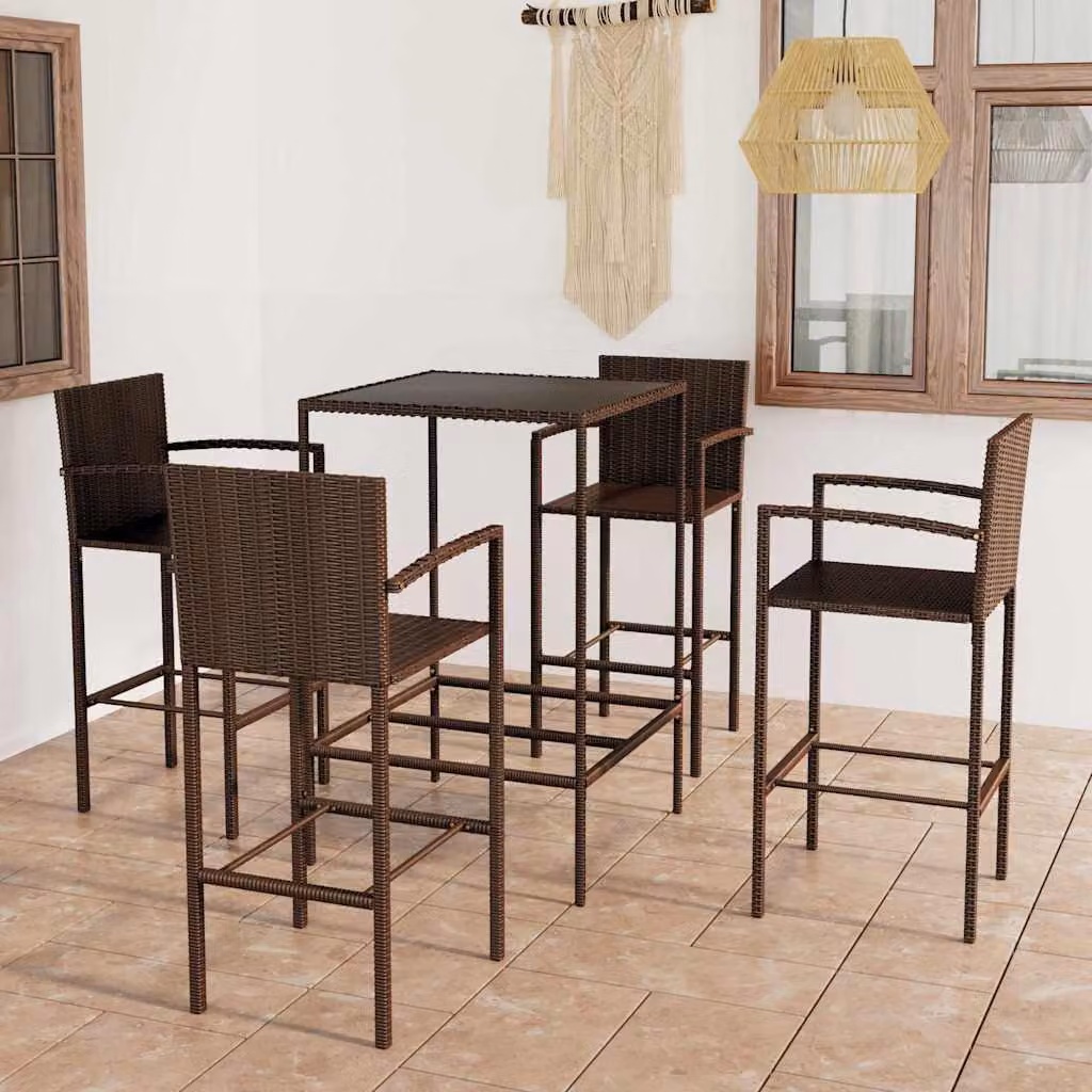 vidaXL Set da Bar da Giardino 5 pz in Polyrattan Marrone con Piano in Vetro – 1