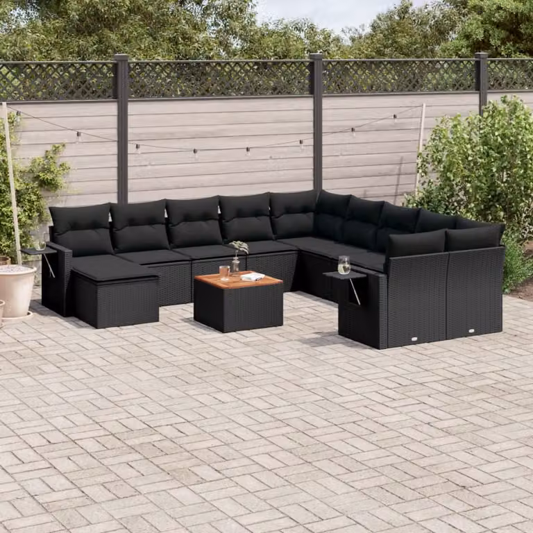 vidaXL Set Divani da Giardino a Forma di U in Polyrattan Nero con Cuscini e Tavolino da Esterno
