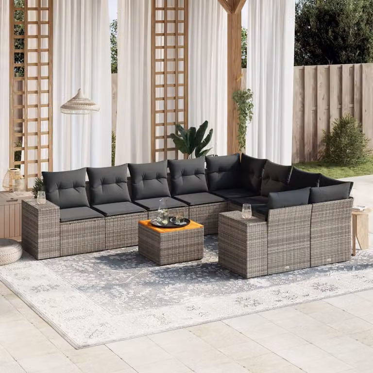 Set Divano da Giardino vidaXL 10 pz in Polyrattan Grigio con Cuscini e Tavolino