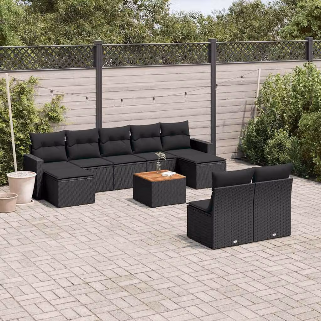 vidaXL Set Divani da Giardino a Forma di U in Polyrattan Nero con Cuscini e Tavolino da Esterno – 1