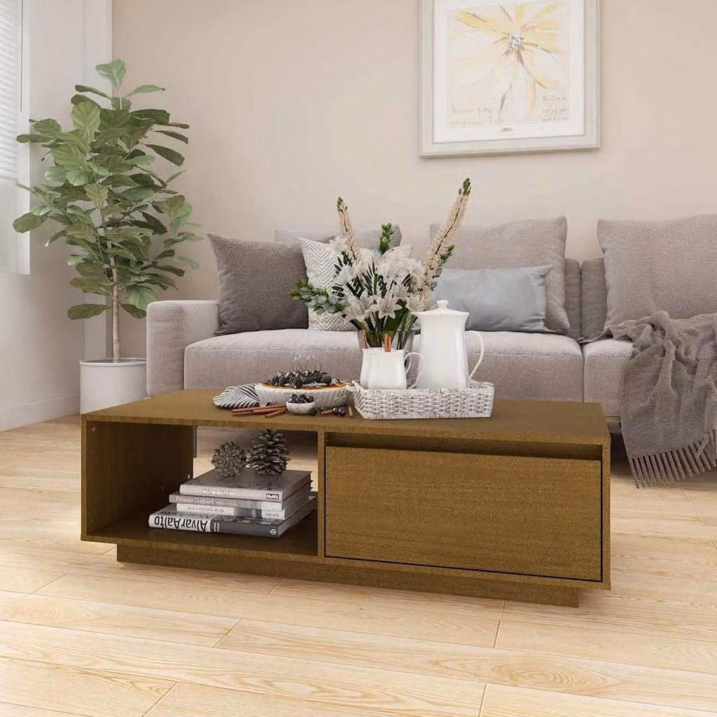 vidaXL Tavolino moderno in legno massello di pino, colore marrone, L 110 x P 50 x H 33,5 cm