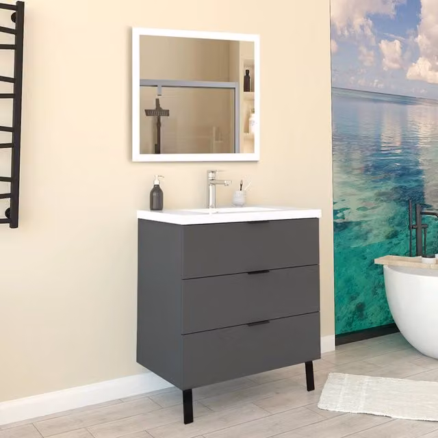 Mobile Bagno Appoggio 80 cm con 3 Cassetti, Lavabo da Incasso, Nero