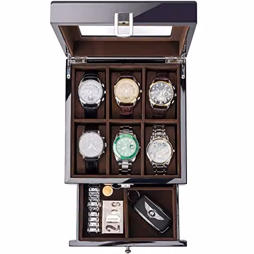 ProCase Porta Orologi Uomo a 6 Posti, Scatola Portaorologi in Legno a 2 Livelli, Custodia Orologio con Cassetto e Coperchio in Vetro, Portagioie Uomo per Orologi Anelli Idea Regalo - Nero