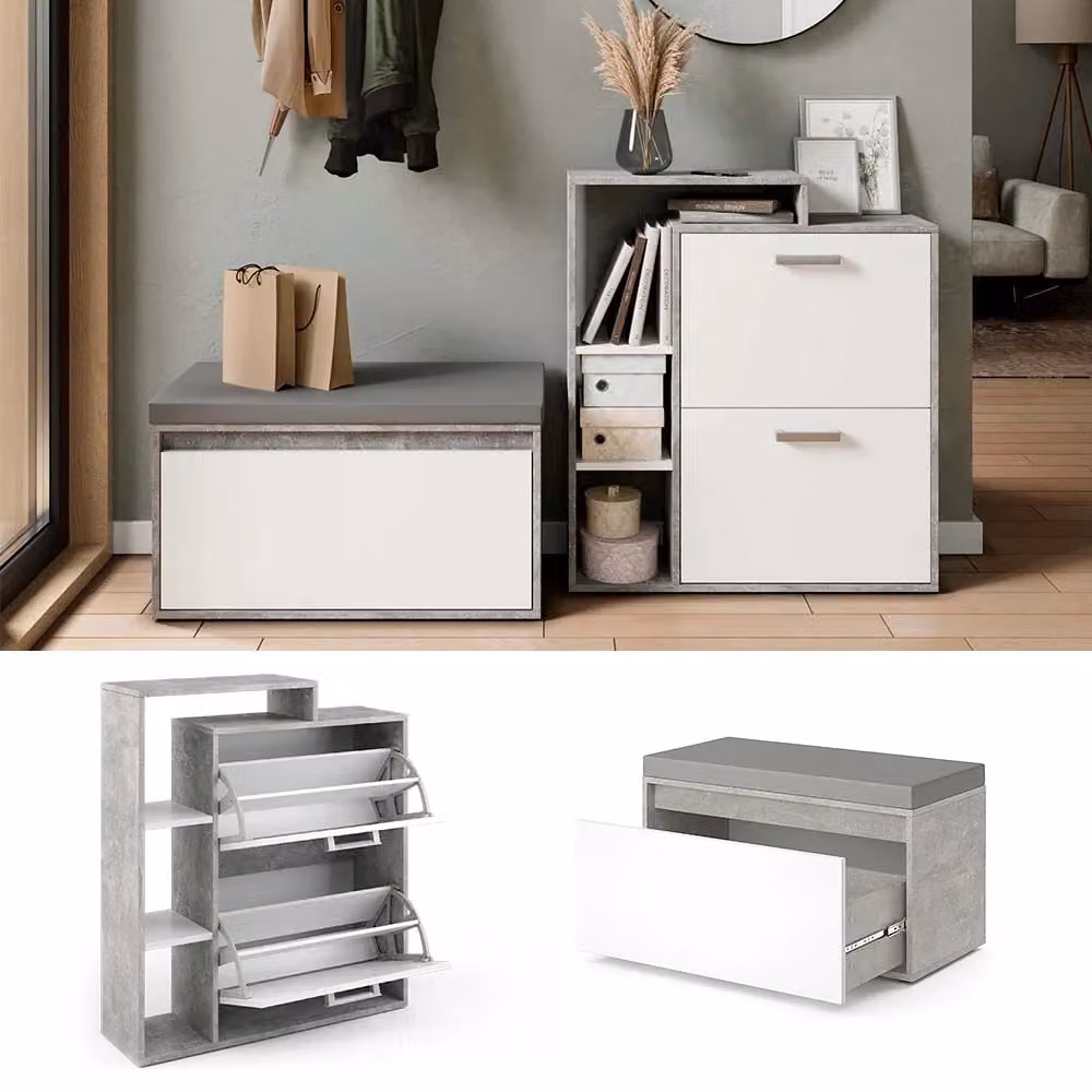 Scarpiera da ingresso Orlando Vicco con banco, colore grigio, L: 90.0 cm, H: 80.0 cm, P: 39.0 cm – 2