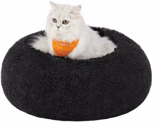 Morbido lettino per cani, lettino per gatti, cuscino a ciambella, lavabile, imbottitura rimovibile, peluche a pelo lungo, diametro 50 cm, nero PGW037B01